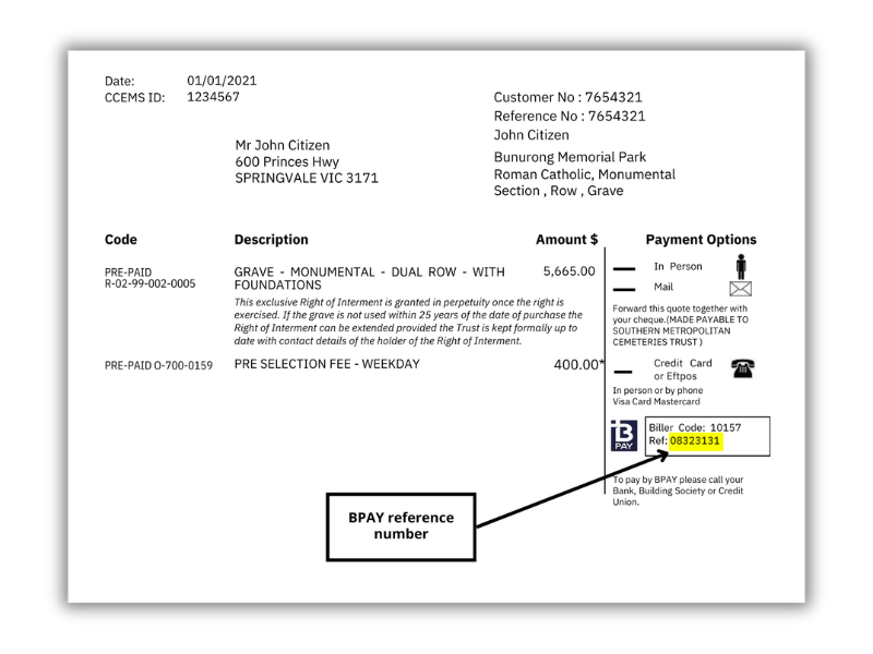 An excerpt of a sample customer quote, with highlighting demonstrating where the BPAY reference number is located on the quote