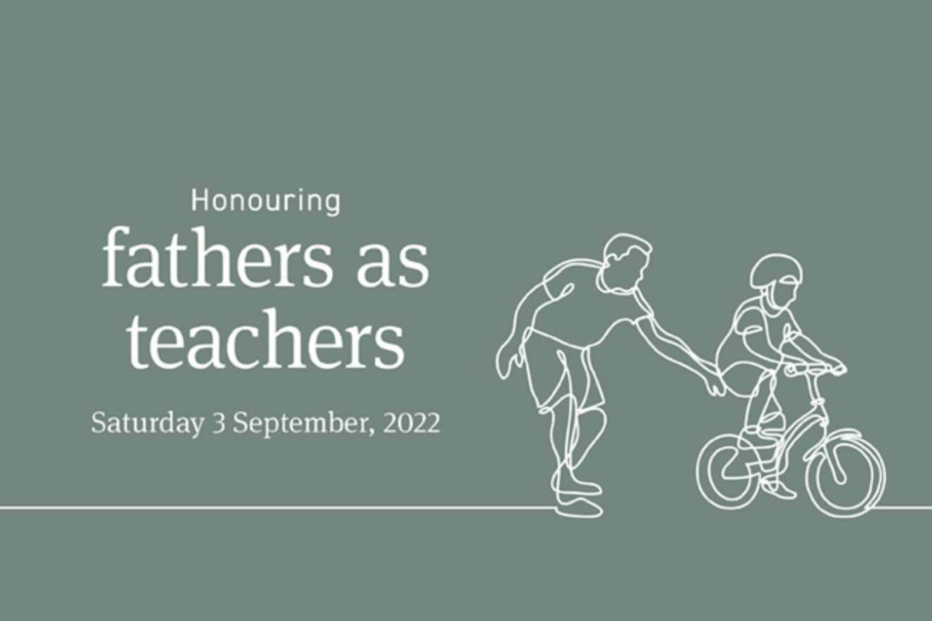 An image of the 2022 Father's Day Reflection invitation graphic, a line drawing of a man pushing a child forward on a bicycle next to the words "Honouring fathers as teachers".