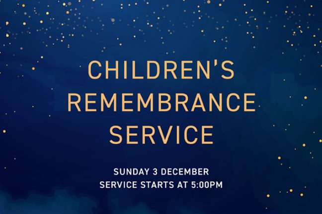 A graphic of a dark blue night sky, dotted with stars, and with the words 'Children's Remembrance Service - Sunday 3 December, Service starts at 5pm'.
