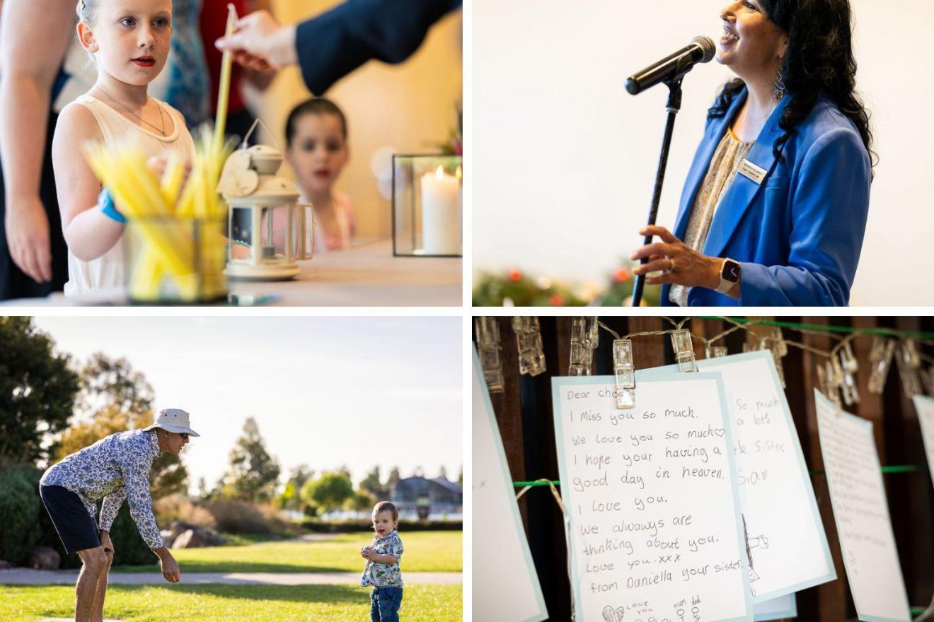 Collage of five images from service. Top: Family sitting around a table with food. Middle left: Young girl looks at candles. Middle right: Performer singing into a microphone. Bottom left: Father and son play on lawn. Bottom right: Handwritten note pinned to tribute wall.