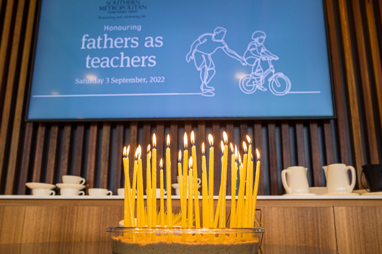 A photograph of remembrance candles burning for fathers at the 2022 Father's Day Reflection event at Bunurong Memorial Park