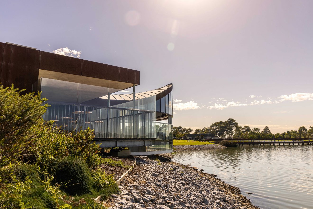 a bulding overlooking a lake view