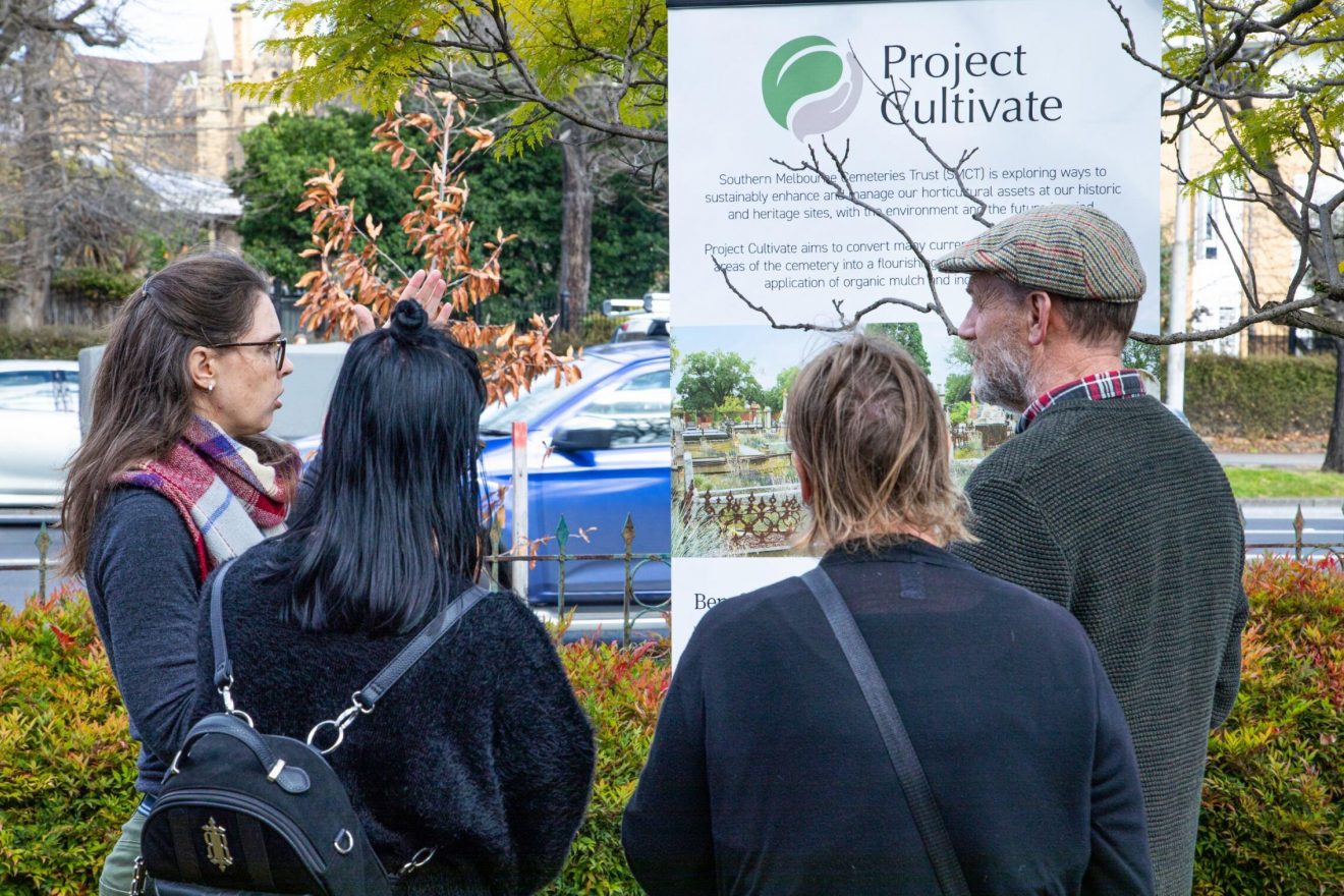 Visitors to Open House at Melbourne General Cemetery were keen to discuss and learn more about Project Cultivate, and were impressed with the consideration given to balancing the needs of community with sustainable planting practices.