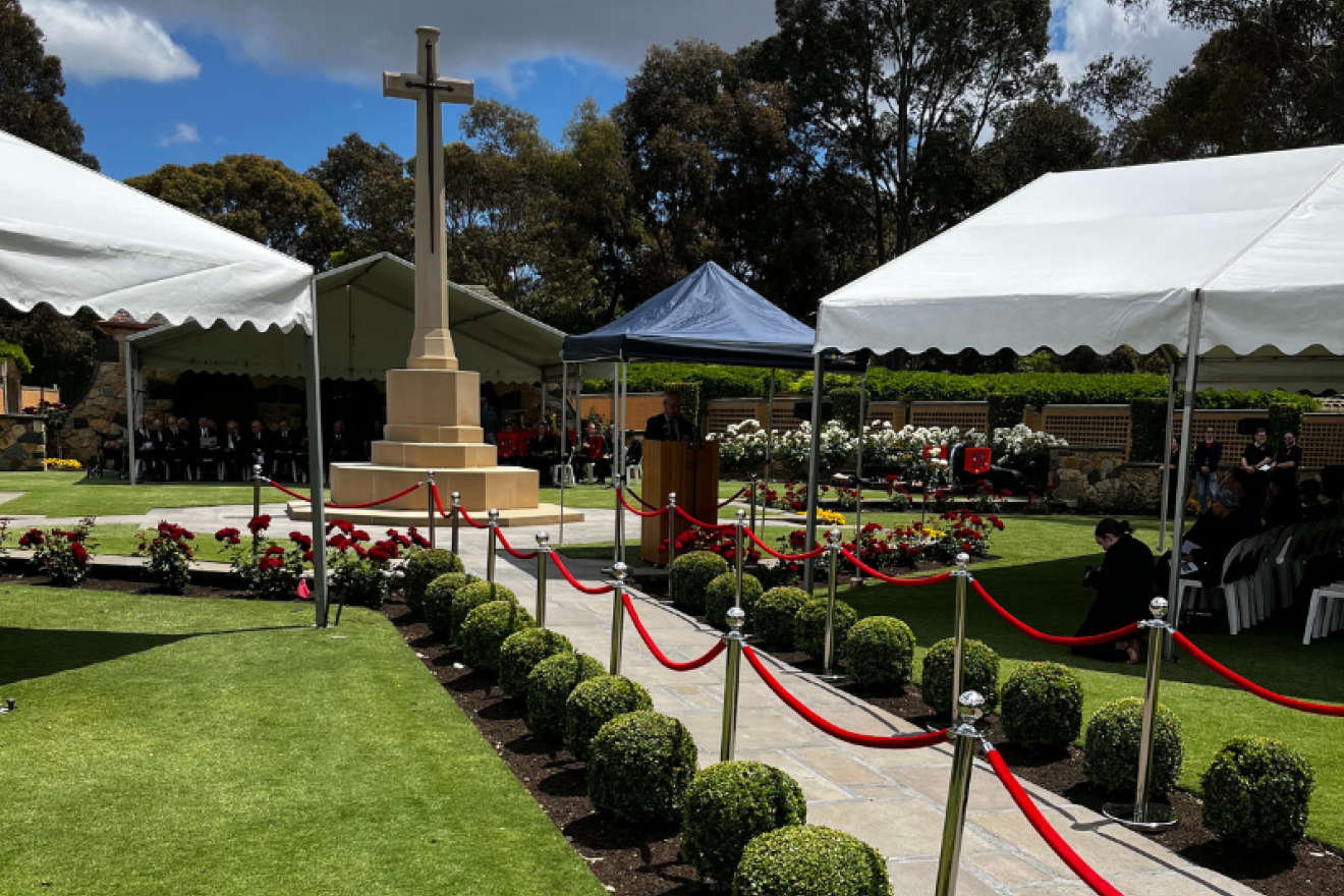 View to the cross monument at the Australian War Graves Garden of Remembrance at Springvale Botanical Cemetery.
