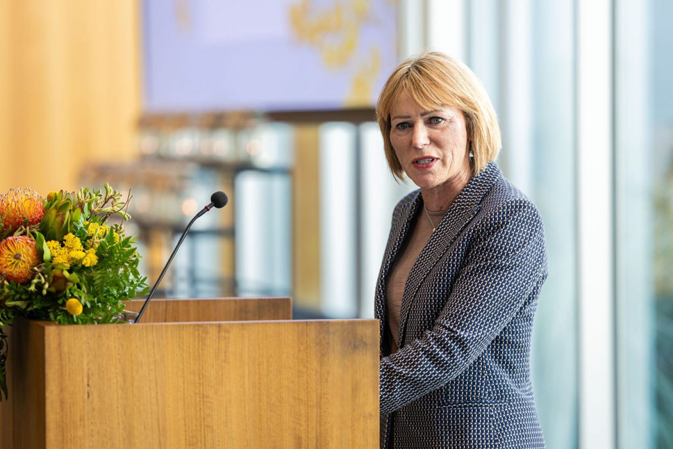 Woman speaks in front of a lecturn.
